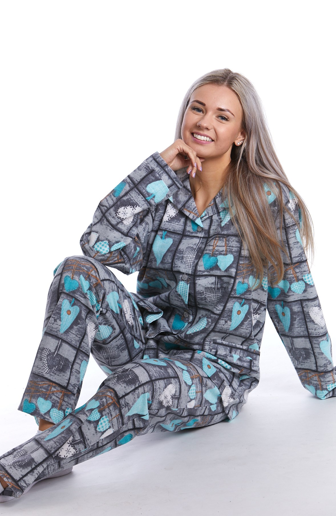 Elegantní teplé flanelové pyžamo dámské na kojení, azurová srdíčka