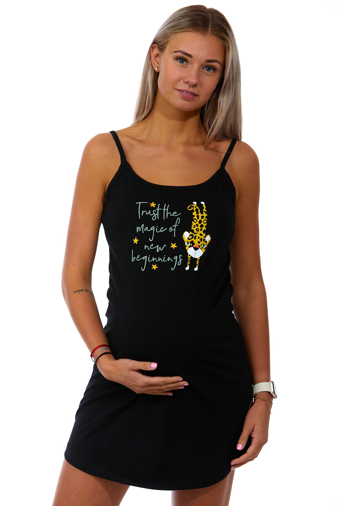 Černá kojící i těhotenská košilka s tenkými ramínky s Tygříkem