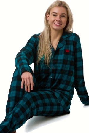 Pyžamo dámské bavlněné zelené černé káro celopropínací