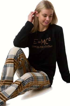 Dámské pyžamo fleece hřejivé černá mikina E mc2 kostkované kalhoty