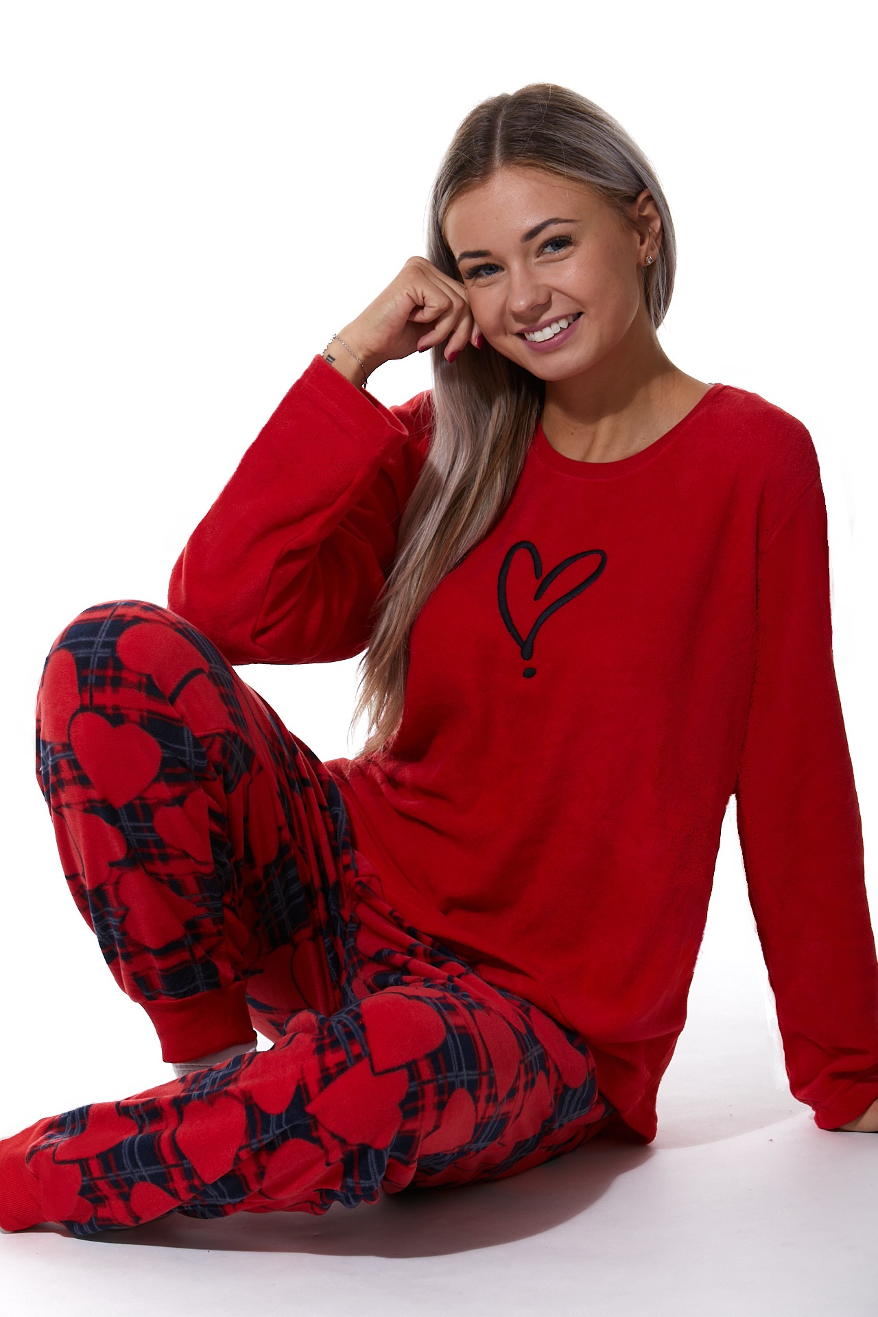 Luxusní hřejivé dámské pyžamo červené srdce