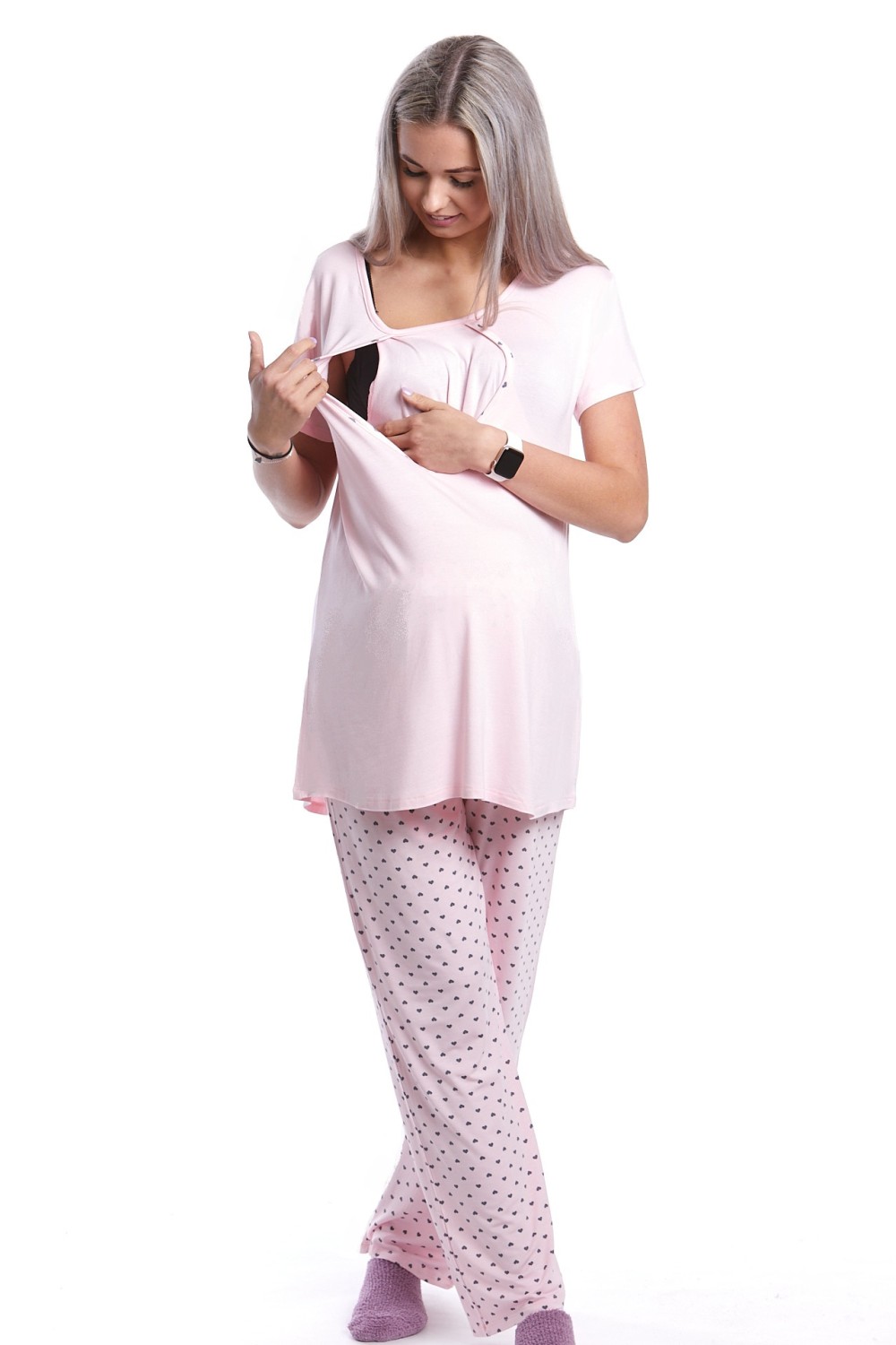 Růžové pyžamo kojící a těhotenské, decentní s puntíky