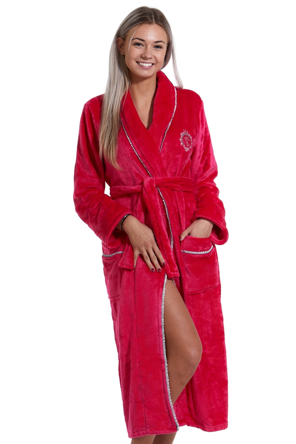 Elegantní malinový dámský župan huňatý s límcem 1Z1196
