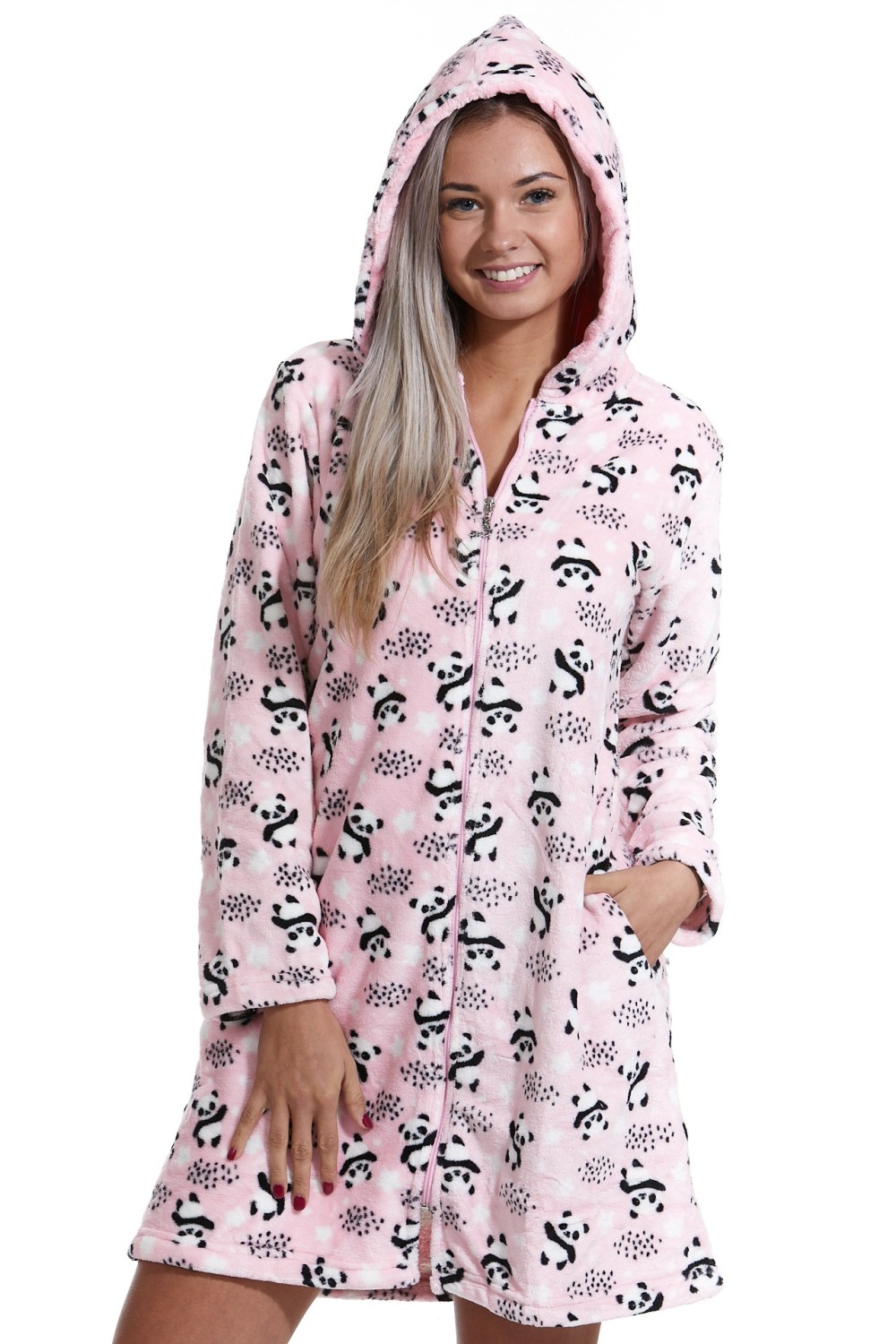 Růžový župan dámský huňatý na zip s Pandama
