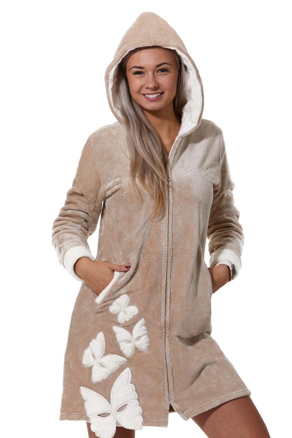 Béžový župan dámský huňatý na zip s motýlky 1Z1233