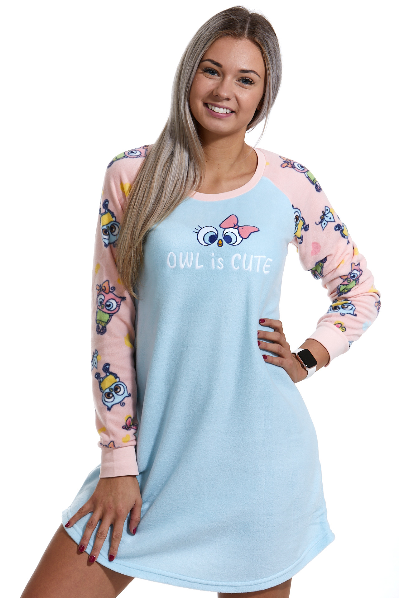 Modrá a růžová extra teplá košilka pro ženy se sovičky 1Z1230
