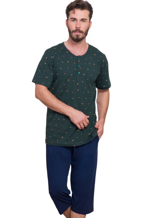 Kostkované zelené pyžamo pro muže s knoflíky