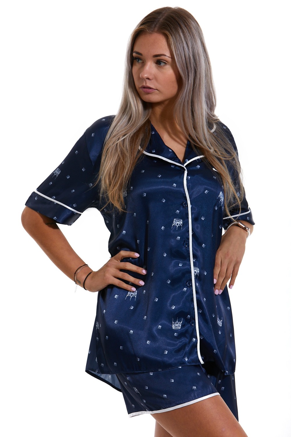Modré klasické luxusní pyžamo dámské ze saténu Queen 1E8481