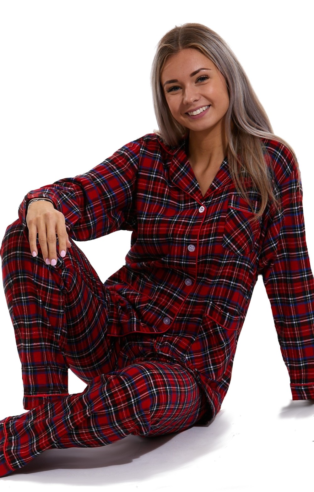 Elegantní červeně kárované dámské pyžamo z flanelu - teplé
