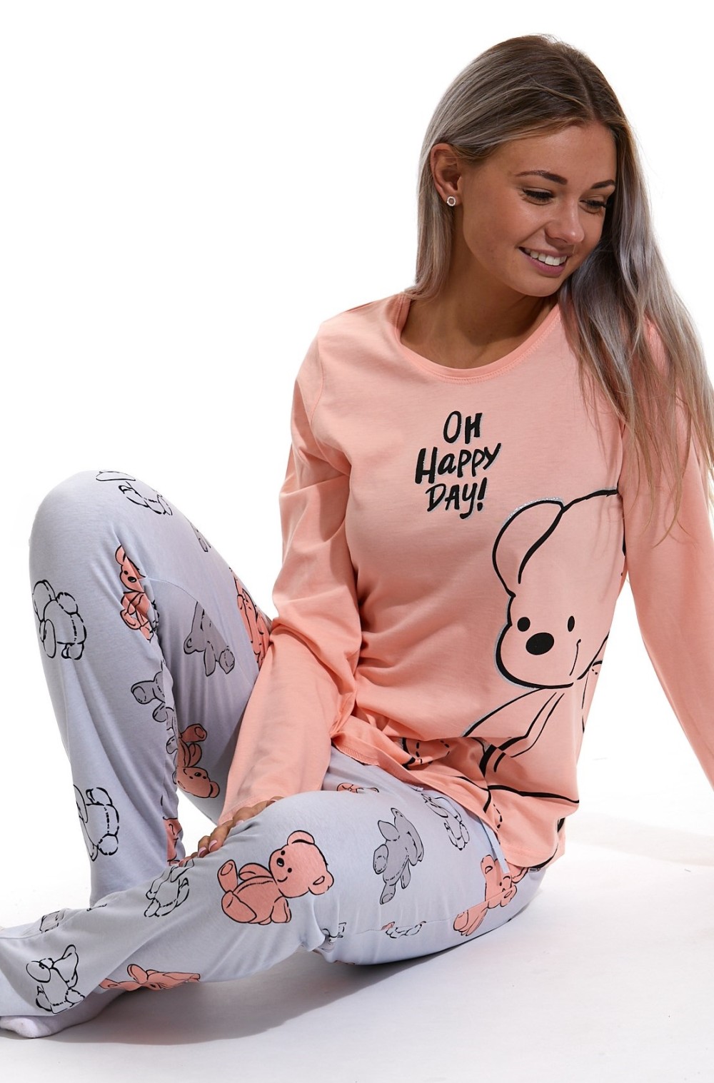 Růžovo šedé dámské pyžamo, Plyšový medvídek a OH heppy day 1B1596