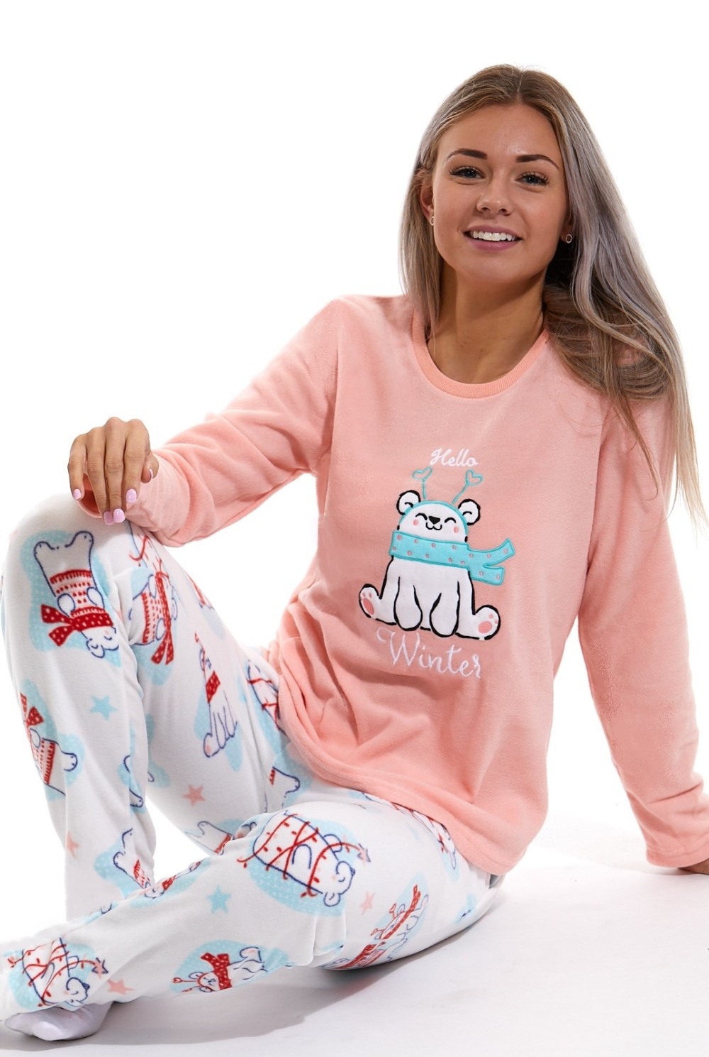 Růžovo bílé teplé dámské pyžamo, Lední medvídek - hello winter