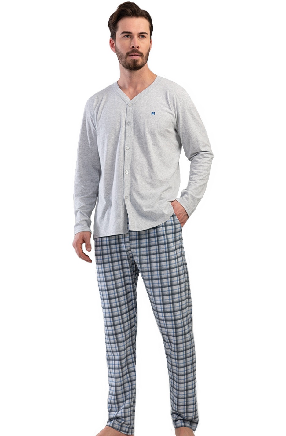 Šedé a károváné celo propínací pyžamo pro muže 1P1410