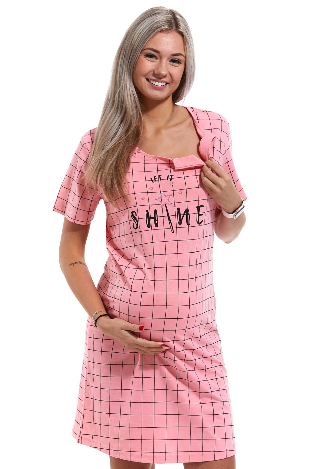 Růžová kostkatá těhotenská a kojící košile na zipy, let it shine 1C3134