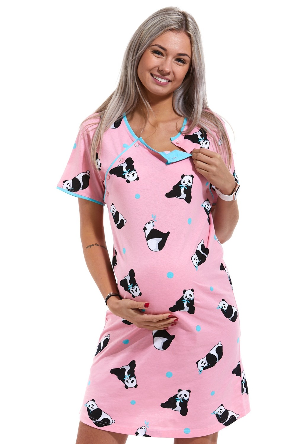 Růžová kojící a těhotenská košilka s pandami 1C3144