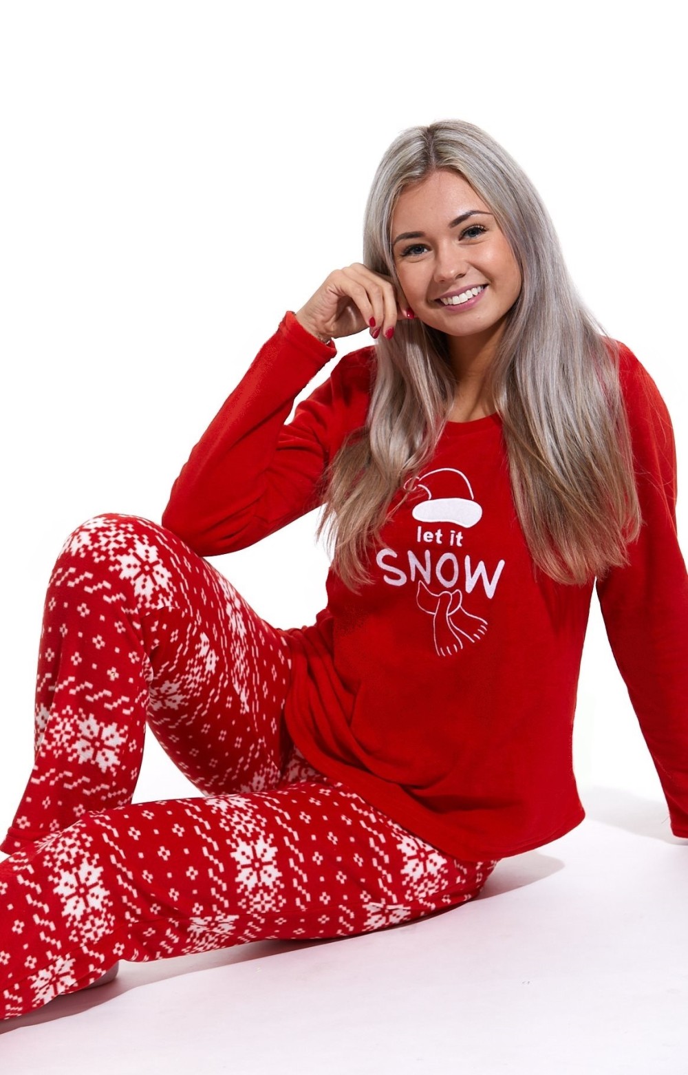 Červeno bílé teplé dámské pyžamo s norským vzorem, Let it snow 1Z1362
