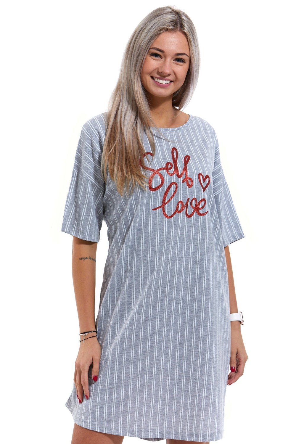 Šedá pruhovaná noční košilka pro ženy, Self love