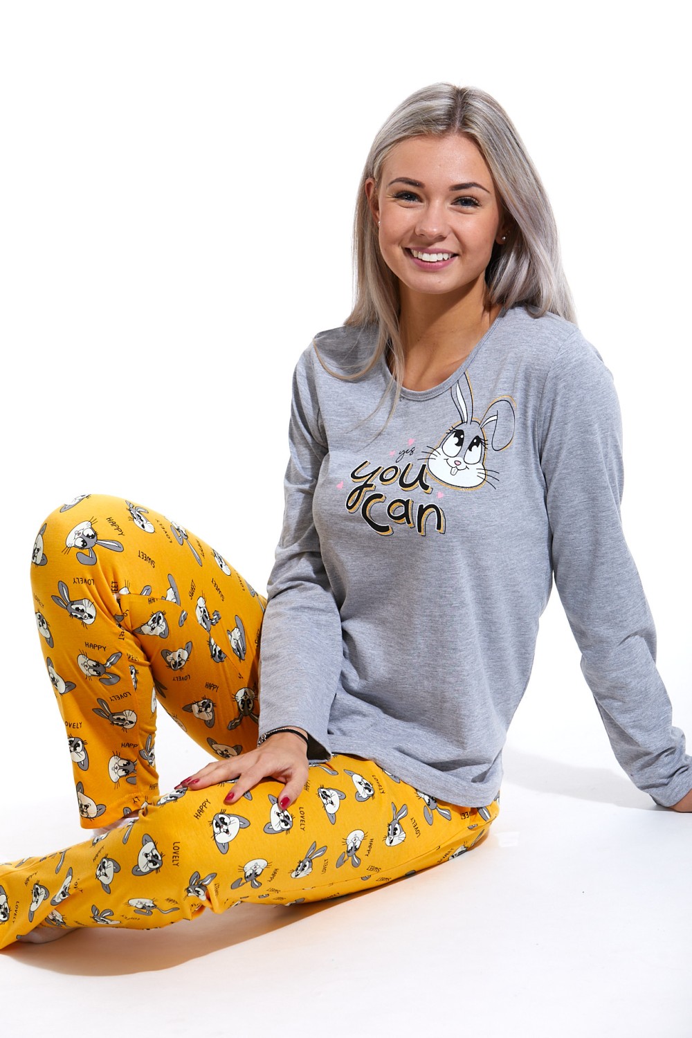 Žluto šedé pyžamo dámské veselý zajíčci, Yes you can 1B1615