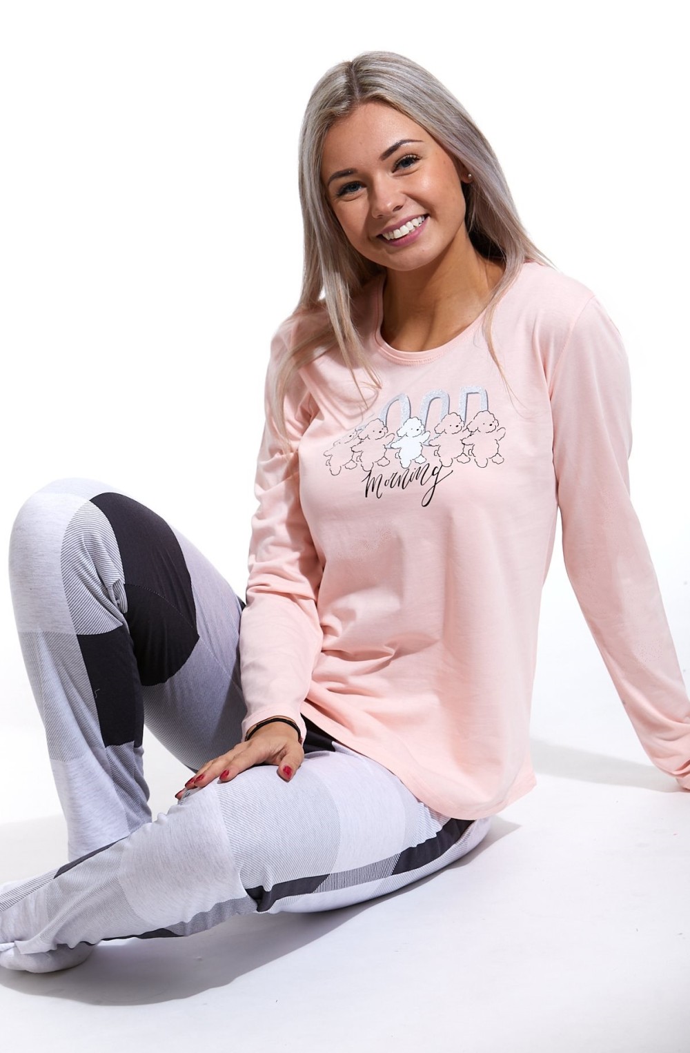 Růžovo šedé kárované pyžamo dámské, Good morning 1B1614