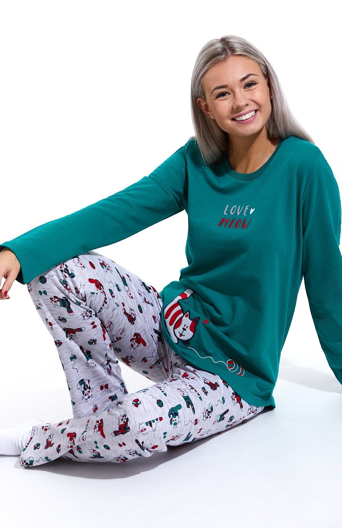 Zeleno šedá teplá bavlněná dámské pyžamo, Vánoční kočička, love meow 1B1608
