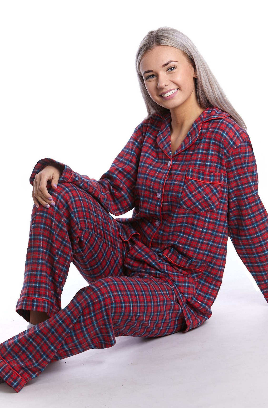 Elegantní teplé flanelové pyžamo dámské na kojení - červené káry