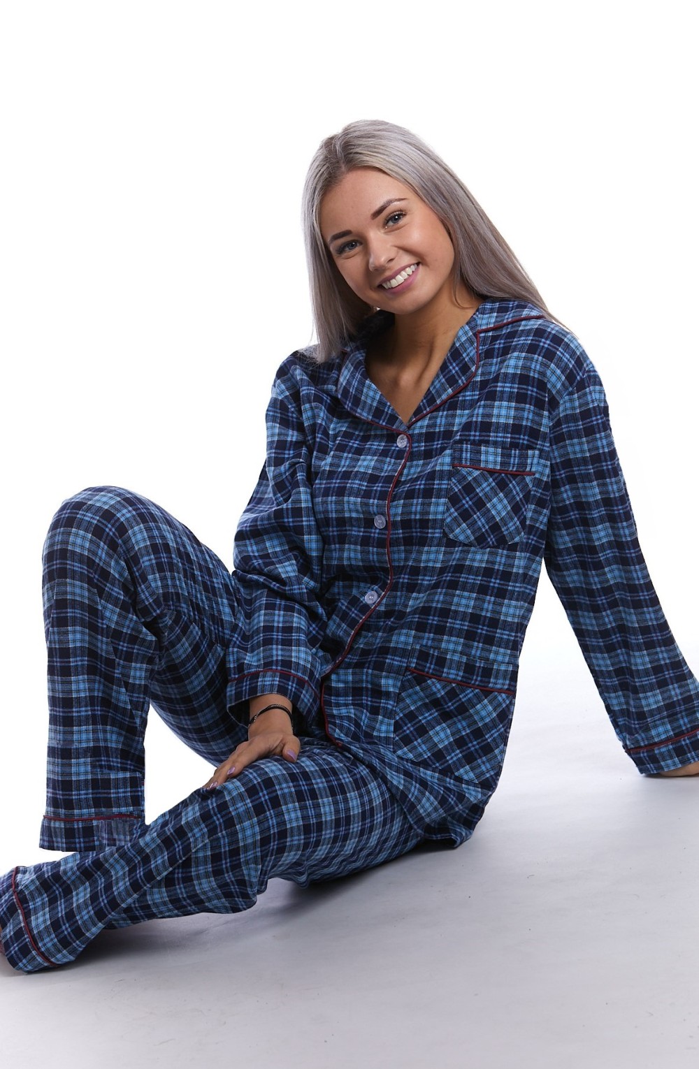 Modré kárované elegantní teplé flanelové pyžamo dámské