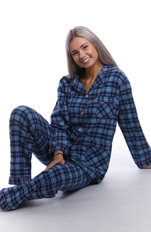 Elegantní teplé flanelové pyžamo dámské na kojení - modré karované