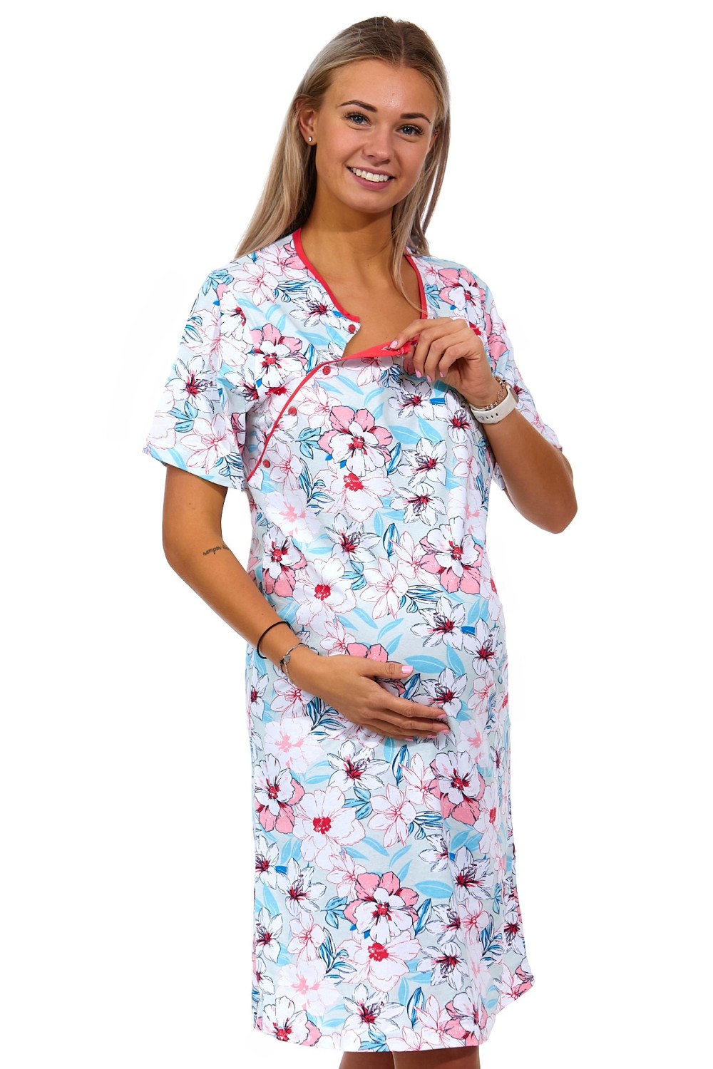 Růžově i modře kvetoucí kojící a těhotenská košilka na knoflíky