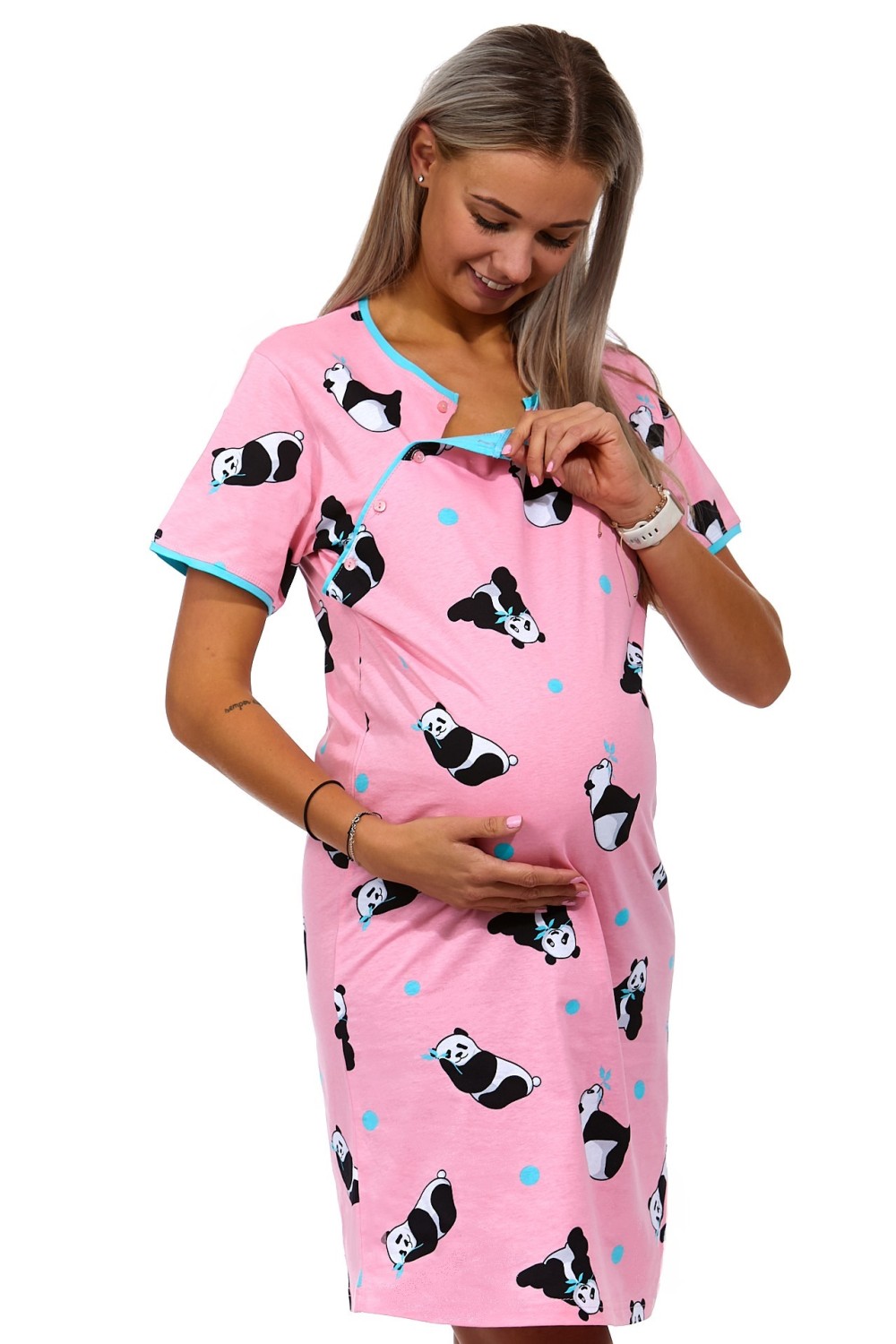 Růžová kojící a těhotenská košilka na knoflíky s Pandama 1C3203