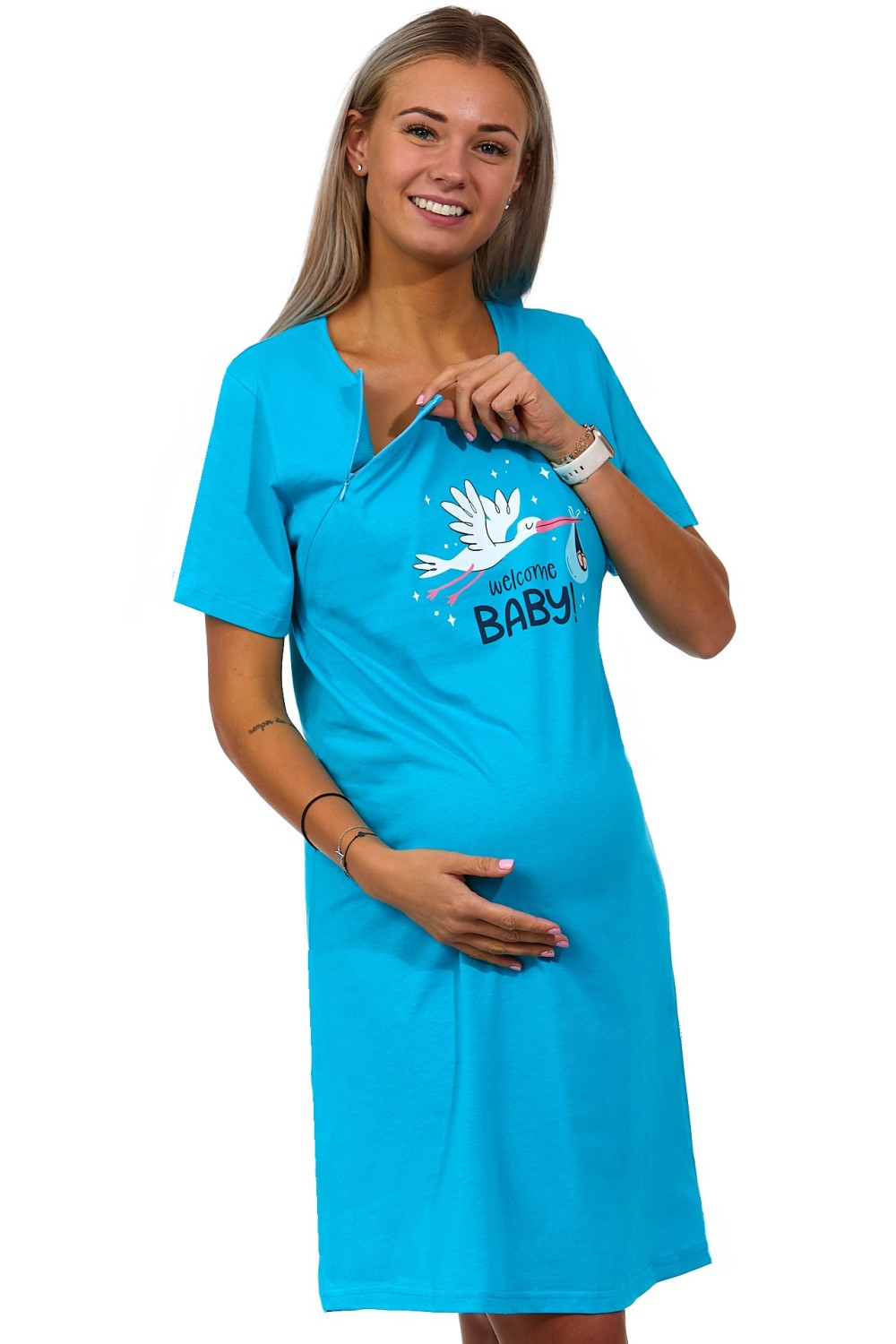 Tyrkysová kojící a těhotenská košilka na zipy, Čáp nese miminko, WELCOME BABY! 1C3243