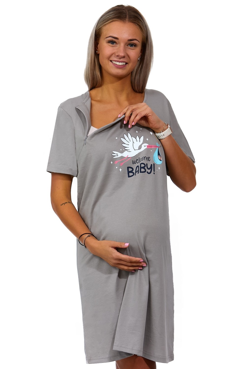 Hnědošedá kojící a těhotenská košilka na zipy, Čáp nese miminko, WELCOME BABY! 1C3242
