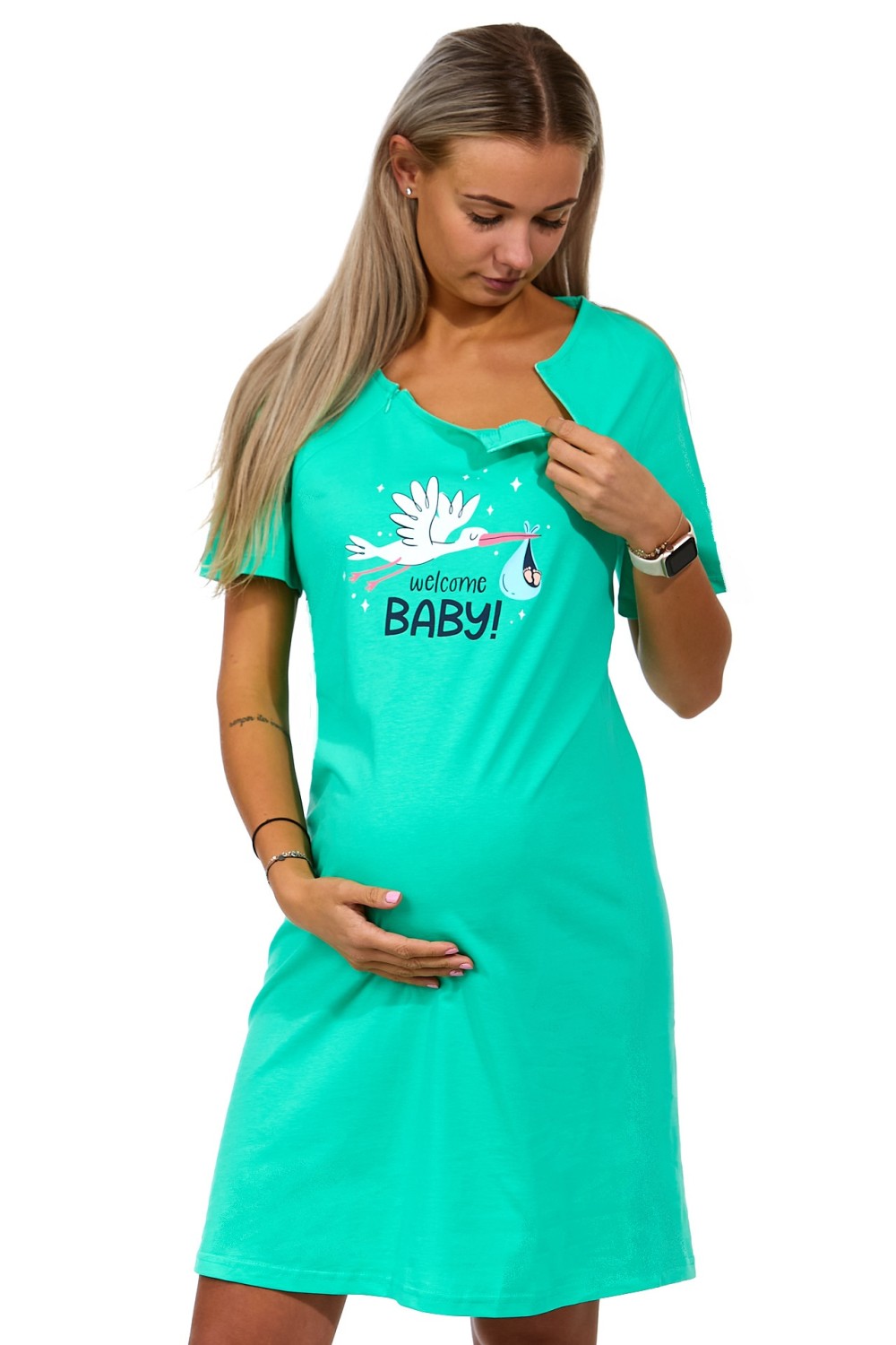 Travičkově zelená kojící a těhotenská košilka na zipy, Čáp nese miminko, WELCOME BABY! 1C3240