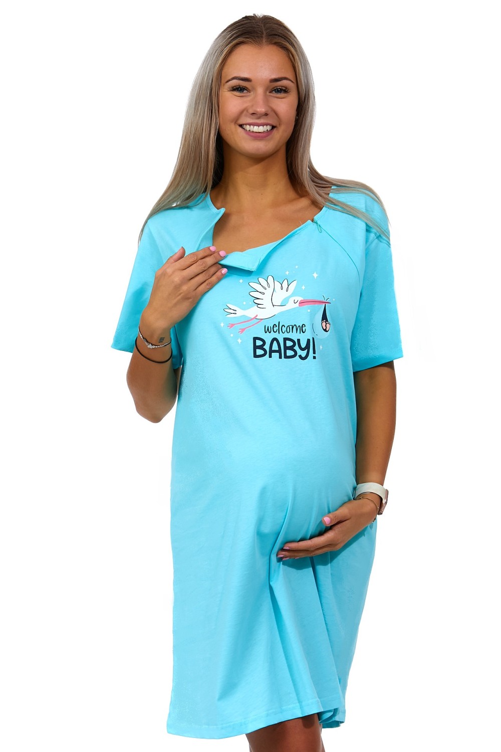 Azurová kojící a těhotenská košilka na zipy, Čáp nese miminko, WELCOME BABY! 1C3238
