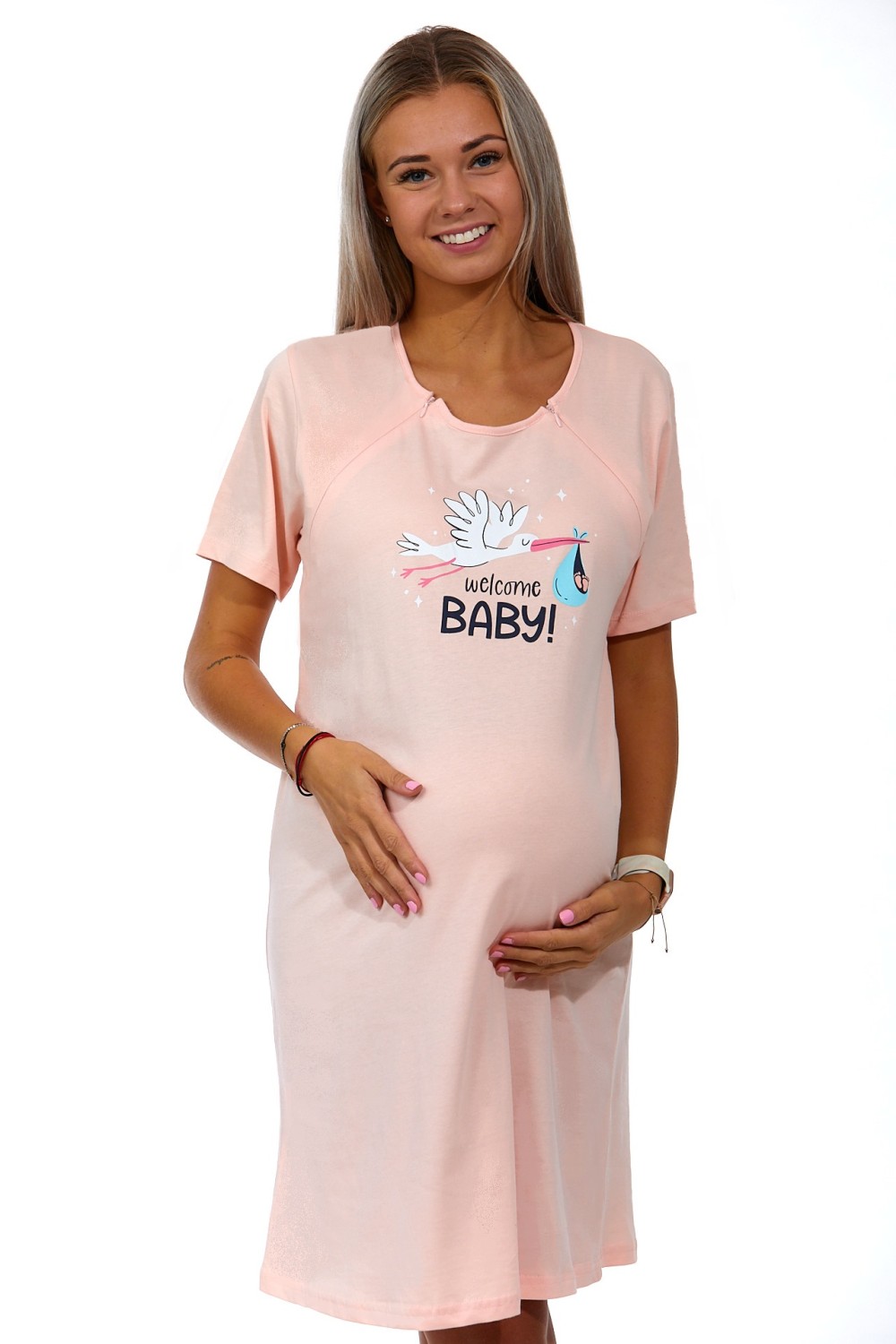 Světle meruňková kojící a těhotenská košilka na zipy, Čáp nese miminko, WELCOME BABY! 1C3237