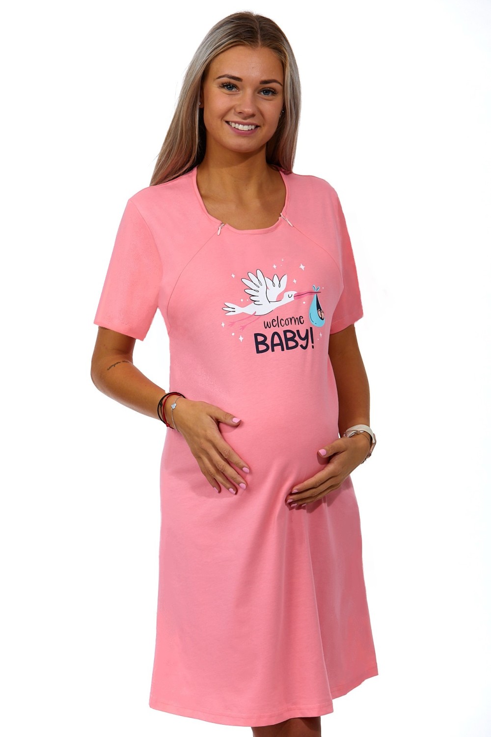 Meruňková kojící a těhotenská košilka na zipy, Čáp nese miminko, WELCOME BABY! 1c3234