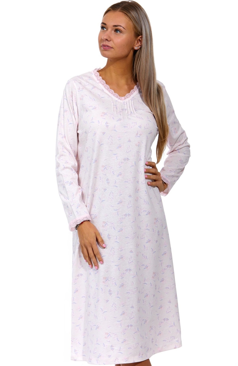 Růžová květinová noční košilka elegantní dlouhé rukávy s krajkou 1C3271