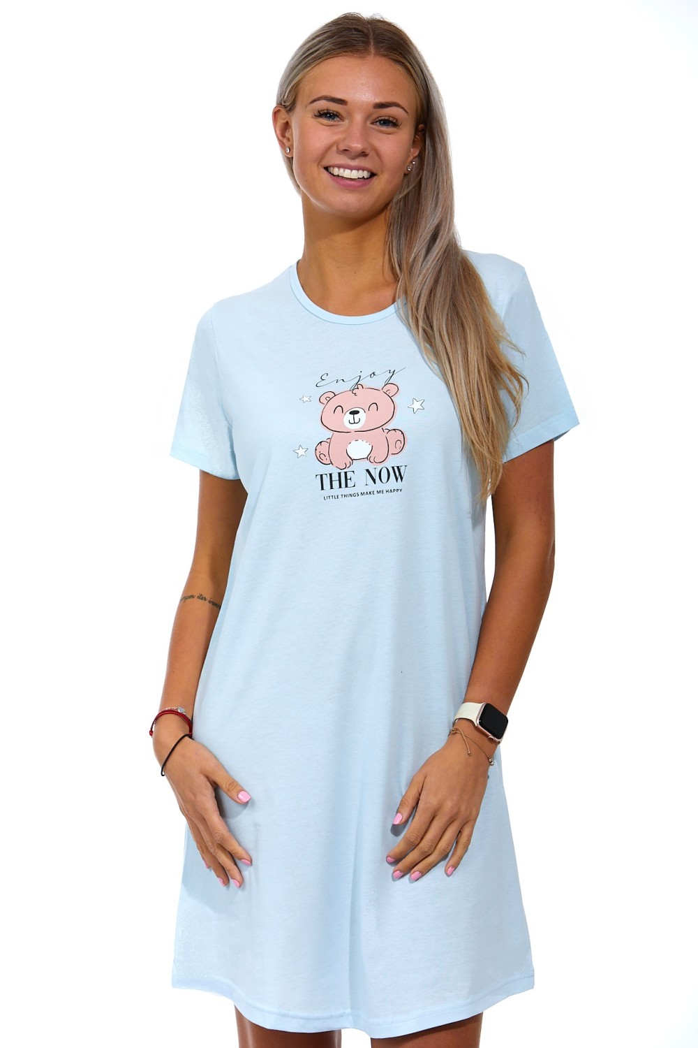Světle modrá veselá noční košilka pro ženy, se spícím méďou 1C3345