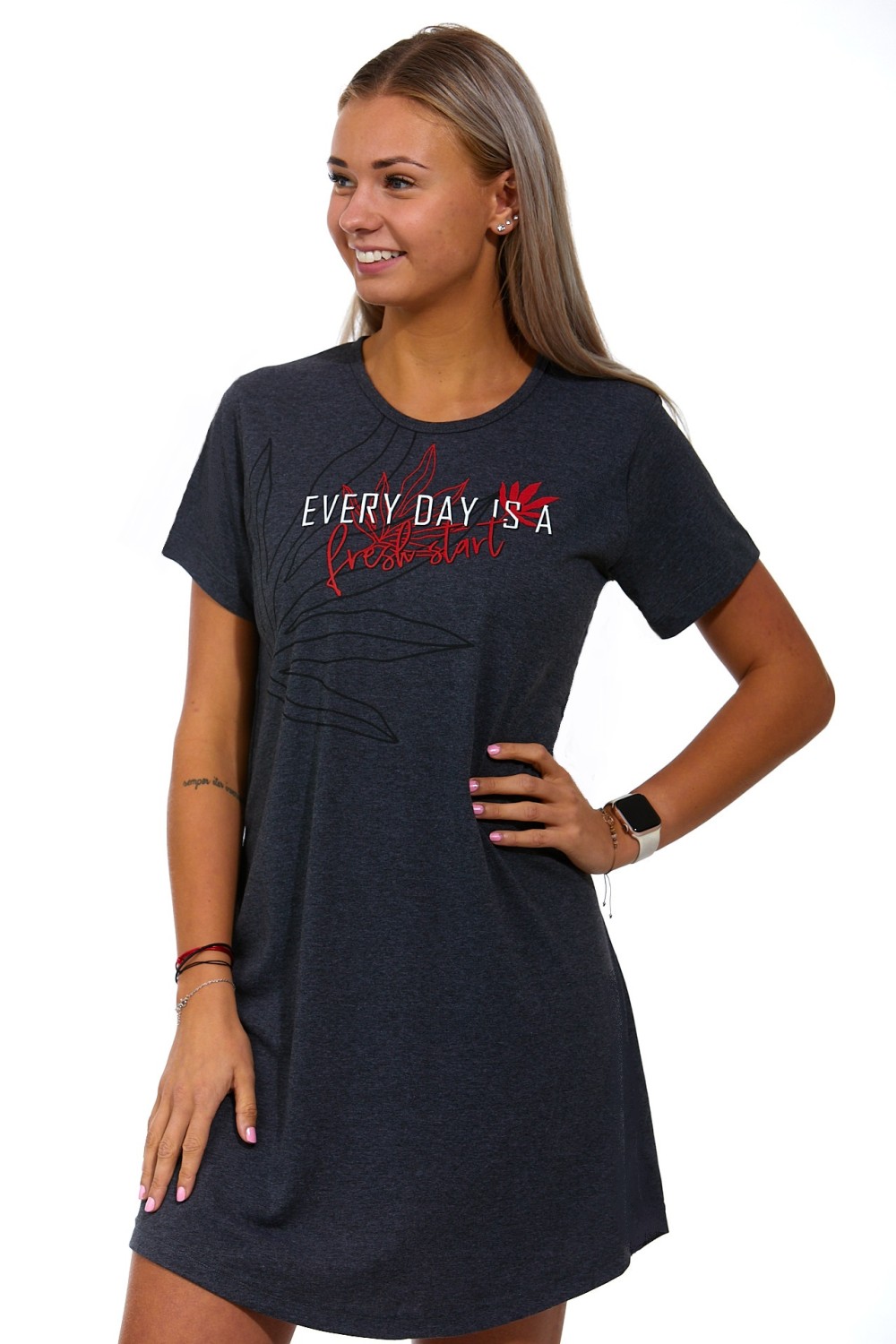 Tmavě šedá i červená sportovní noční košilka pro ženy,  EVERY DAY IS A Fresh start 1C3330