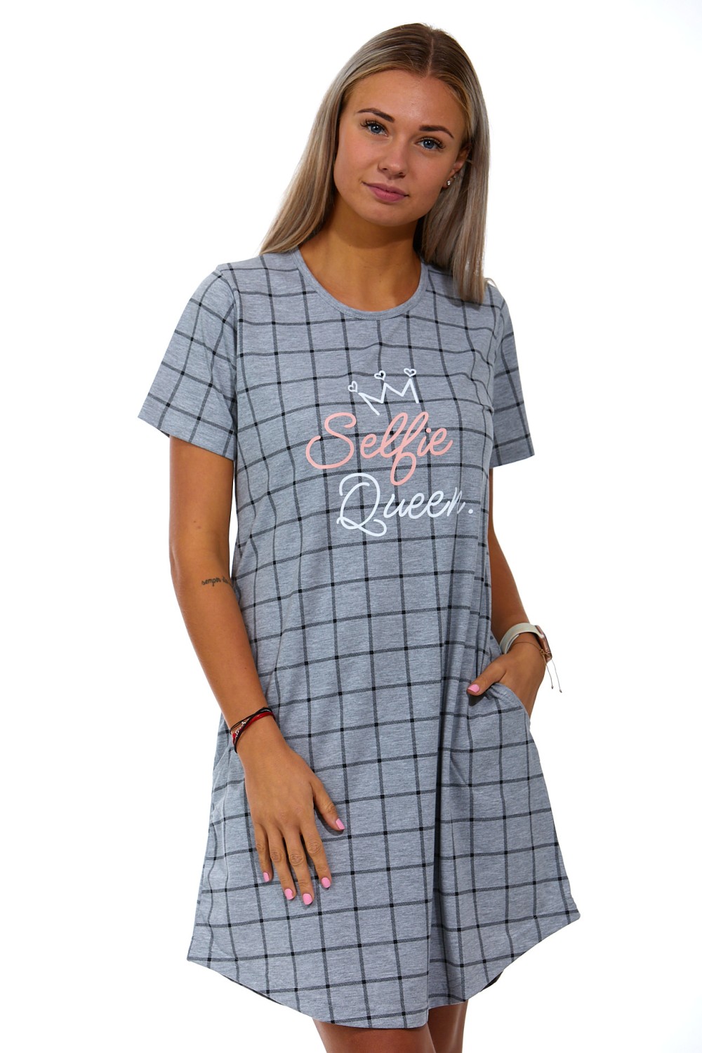 Šedá mřížkovaná noční košilka pro ženy Selfie Queen 1C3299