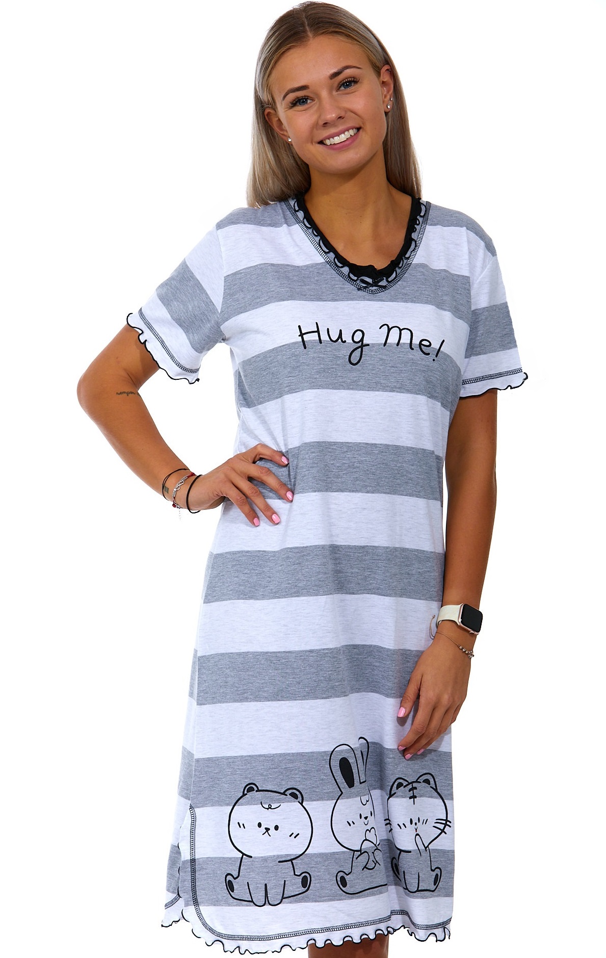 Šedá i bílá pruhovaná dlouhá noční košilka pro ženy HUG ME! - Domací mazlíčci 1C3254