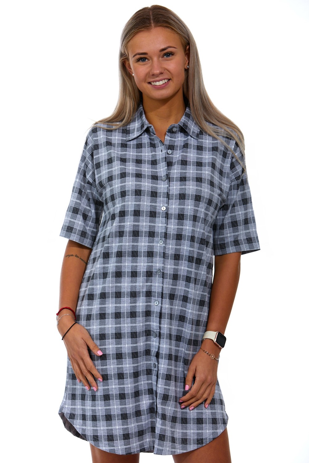 Šedá károvaná celo propínací dámská noční košile s límečkem