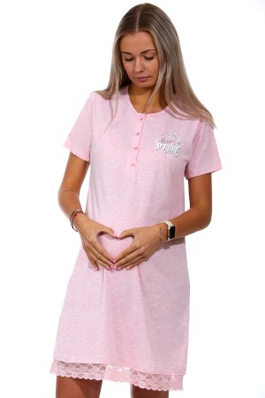 Růžová noční košilka na kojení i těhotenská s knoflíky a krajkou, Keep SMILING 1C3314