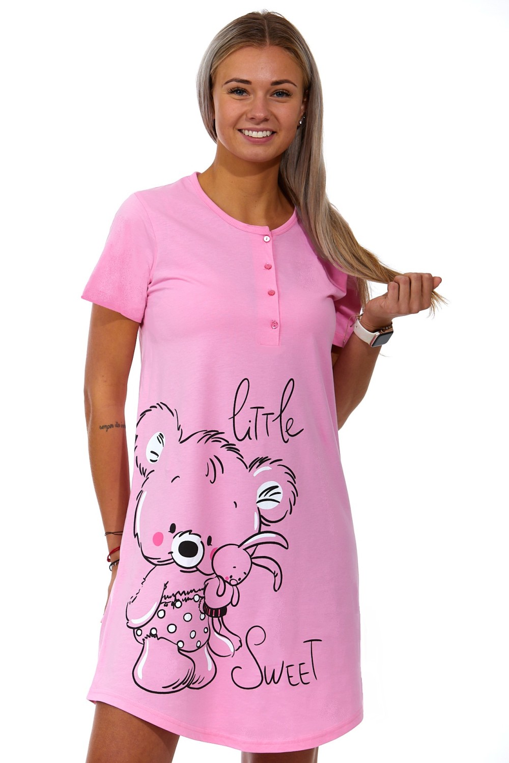 Růžová noční košilka pro ženu little Sweet s Plyšáčky na knoflíky 1C3302