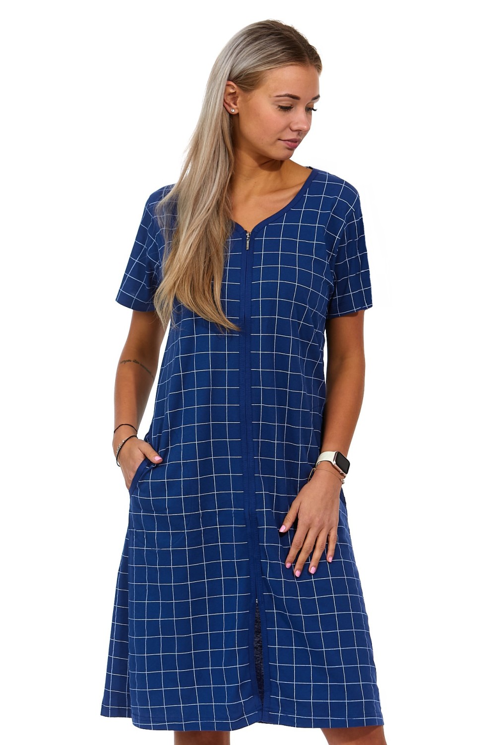 Modro bíle mřížkovaný župan nebo košilka pro ženy na zip Gridded 1G0488