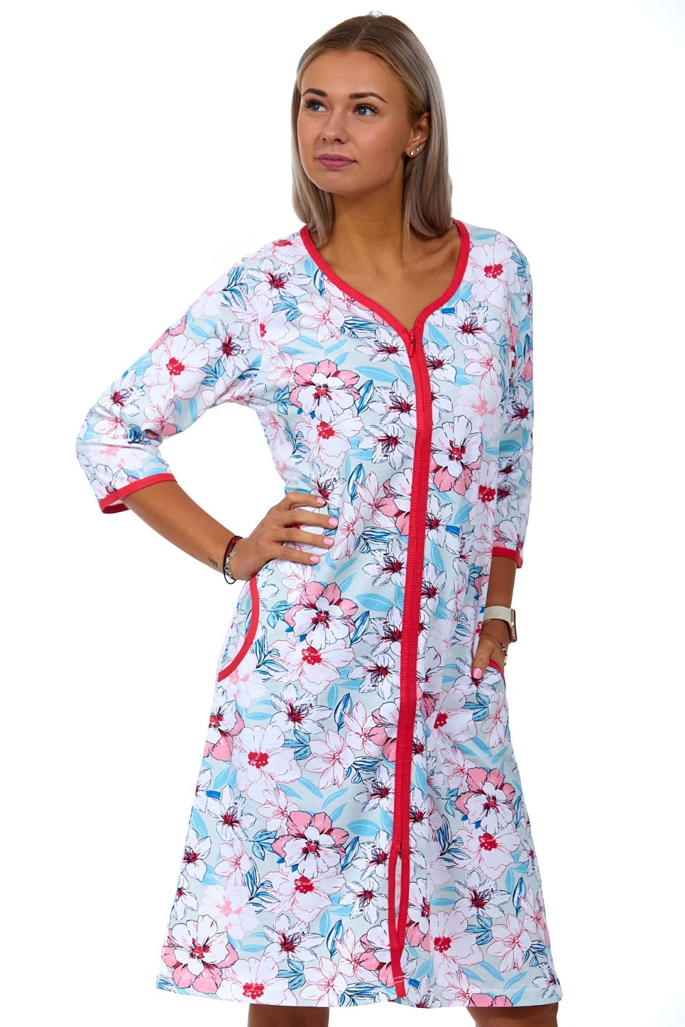 Modro bílo růžový župan nebo košilka dámská na zip - Blooming 1G0478