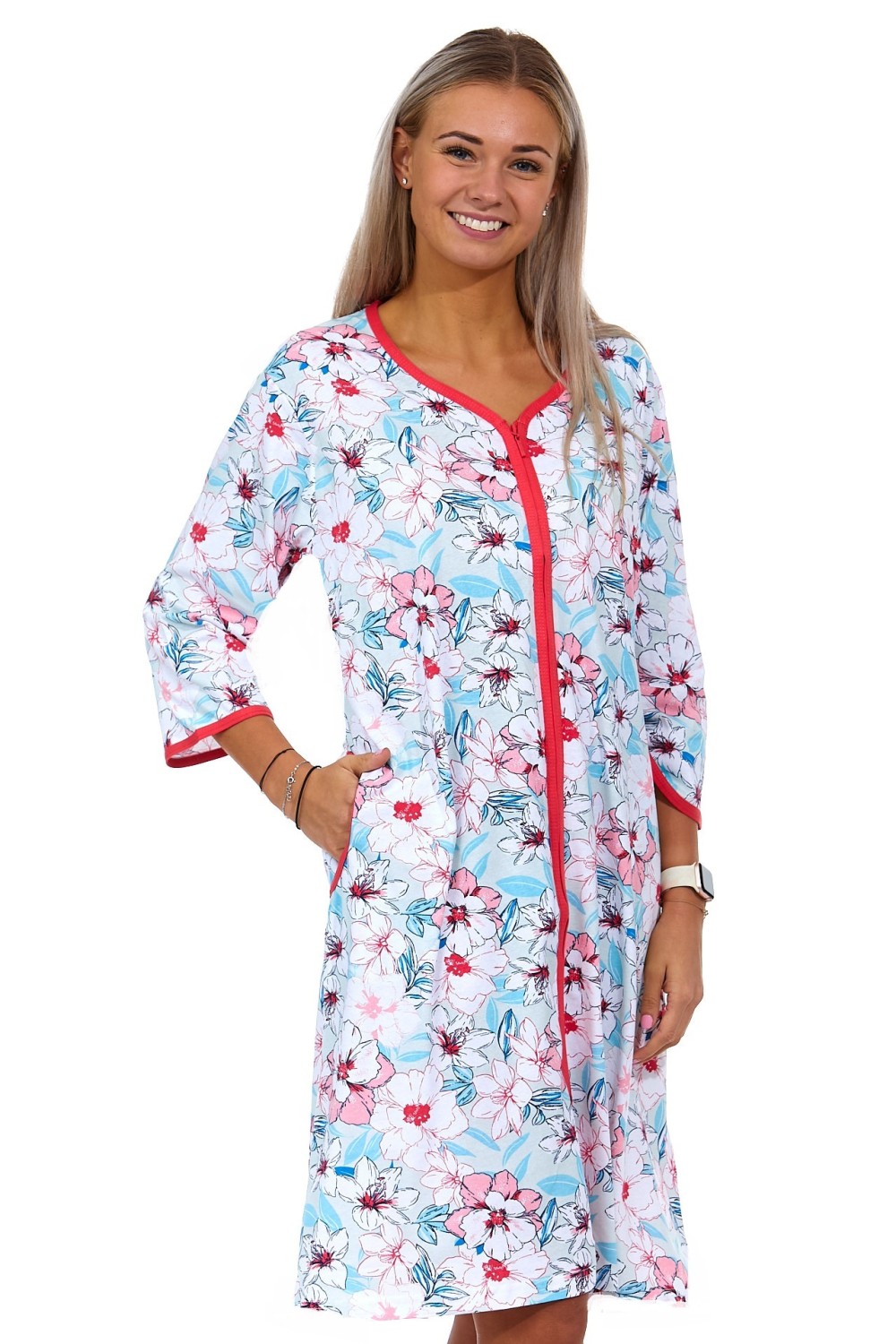 Modro bílo růžový župan nebo košilka pro ženy na zip - Blooming, big 1G0473