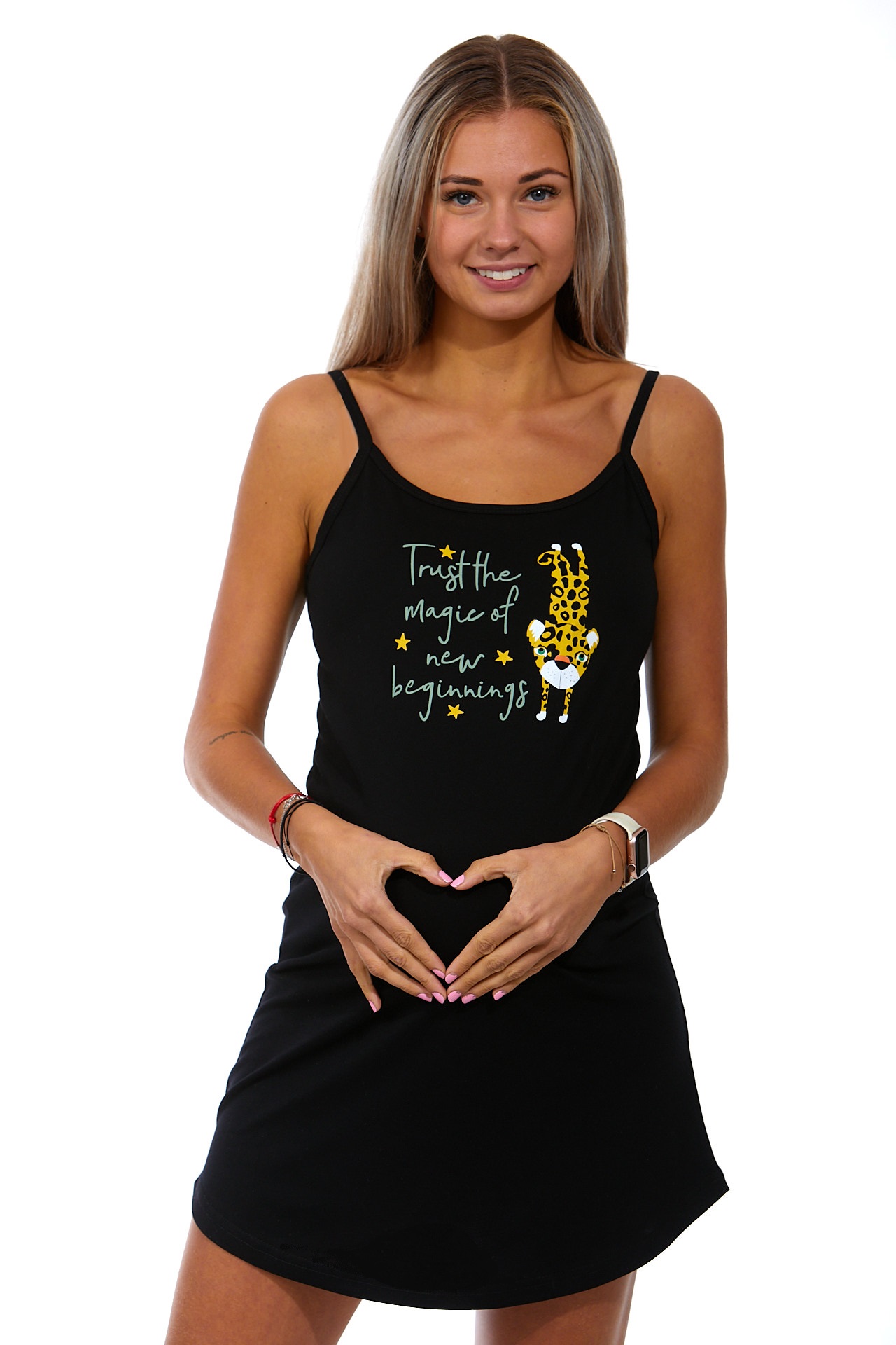 Černá kojící i těhotenská košilka s tenkými ramínky s Tygříkem