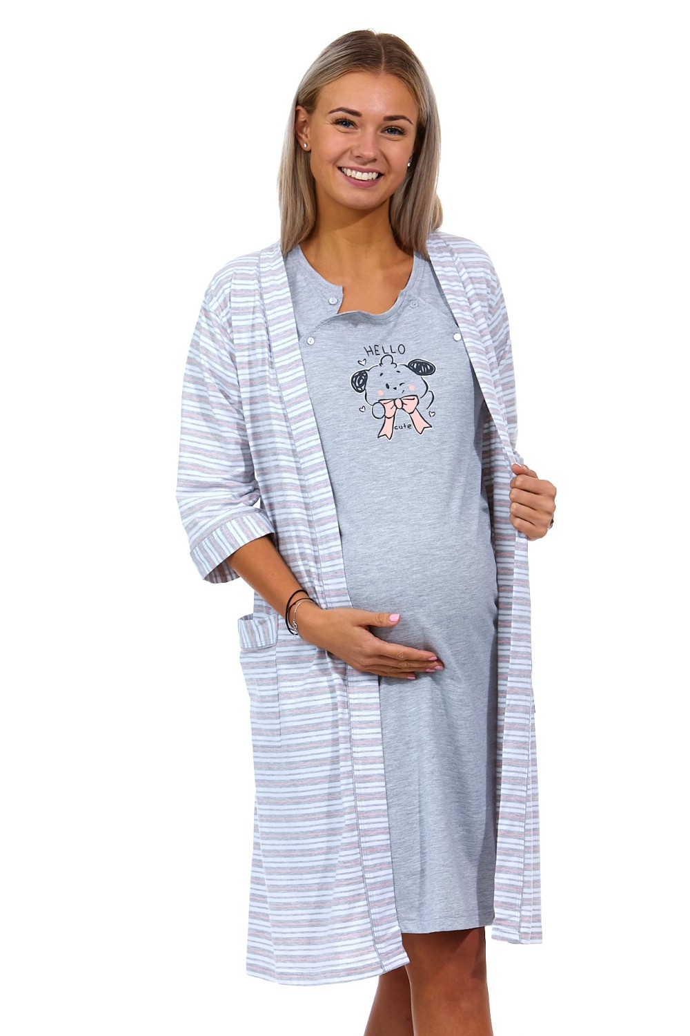 Šedý i růžově pruhovaný komplet košilka a župan do porodnice s Pejskem 1G0474