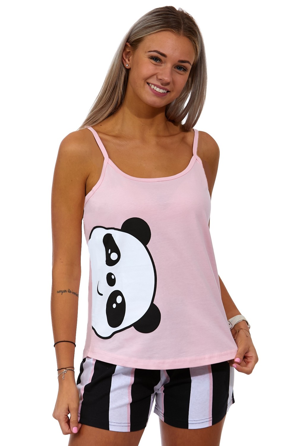 Růžové pruhované dámské pyžamo Panda 1B1781