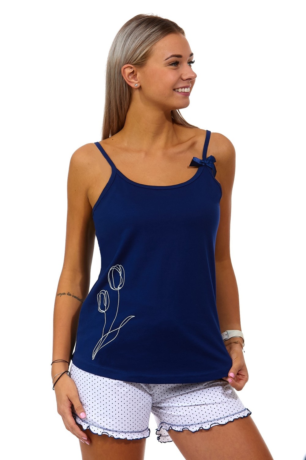 Modré a bílé puntíkaté dámské pyžamo Tulipán 1B1675