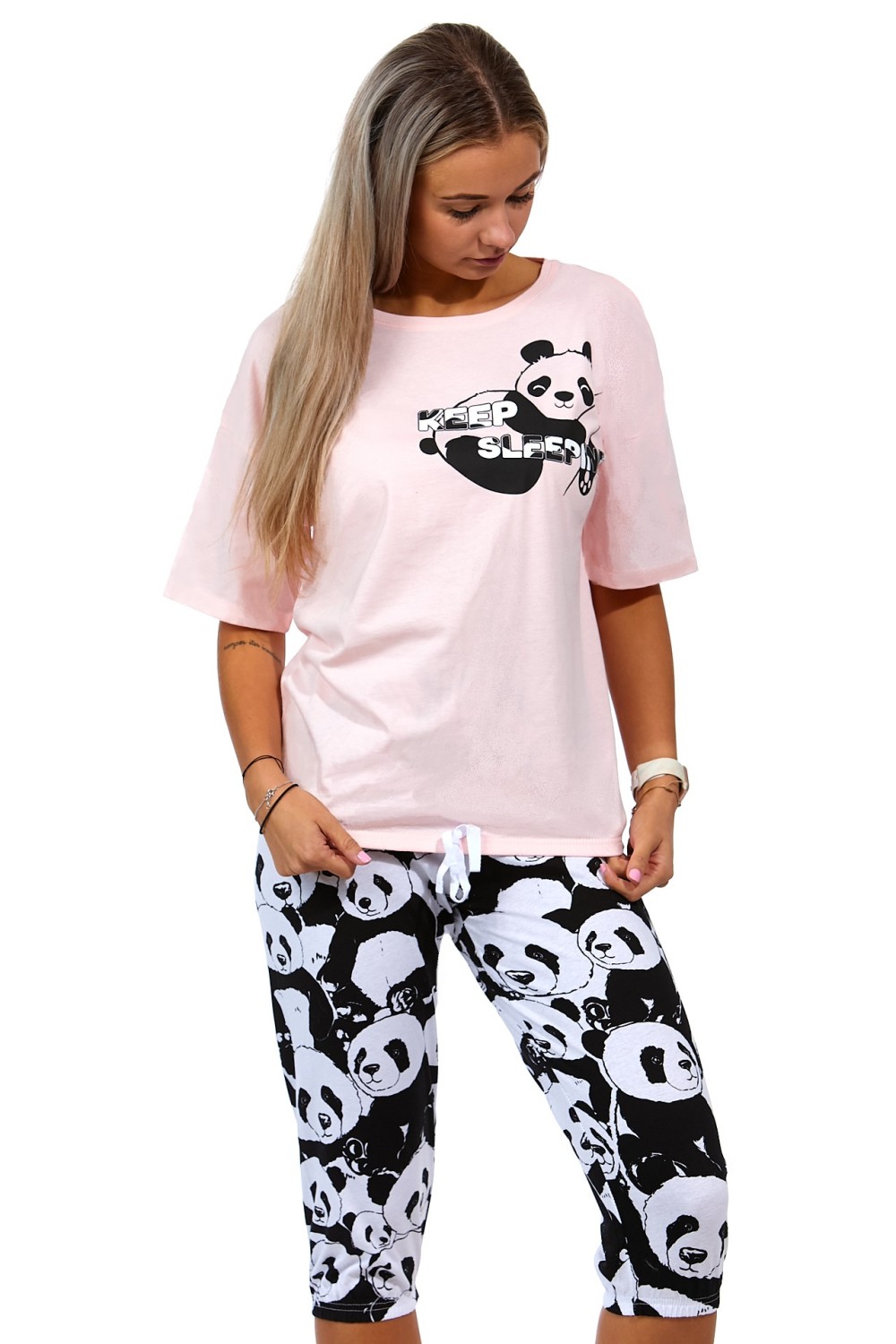 Růžové i černobílé dámské pyžamo Capri Keep Sleep s Pandama 1B1687